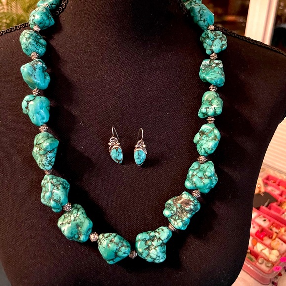 Turquoise & 925 Silver Super Chunky 24” Necklace. Earrings sold separately - Picture 1 of 8